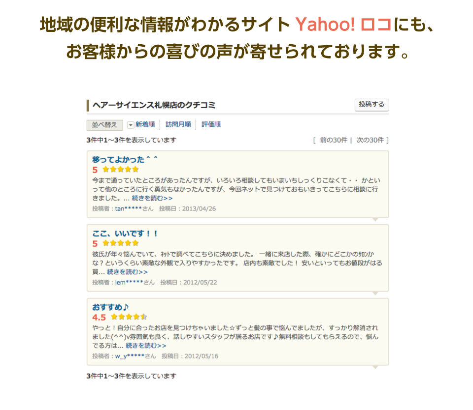 地域の便利な情報がわかるサイトYahoo!ロコにも、お客様からの喜びの声が寄せられております。